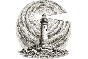 Grabado de una máscara en la tormenta. Símbolo del control del estrés y la preservación de la calma interior.